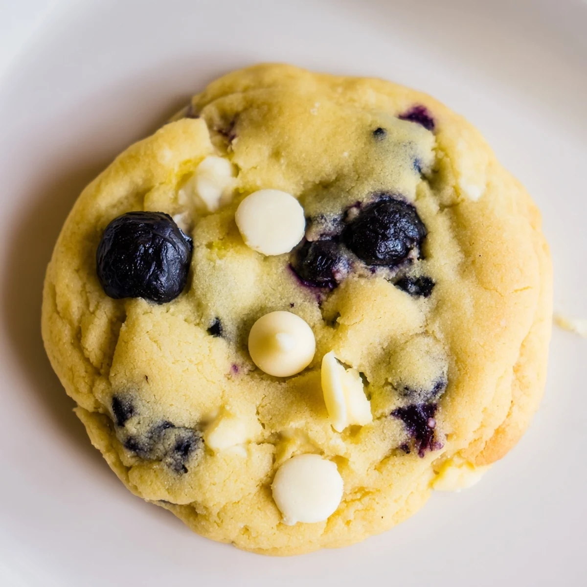 Golden chewy lemon blueberry cookies on a wire cooling rack, bursting with purple berries