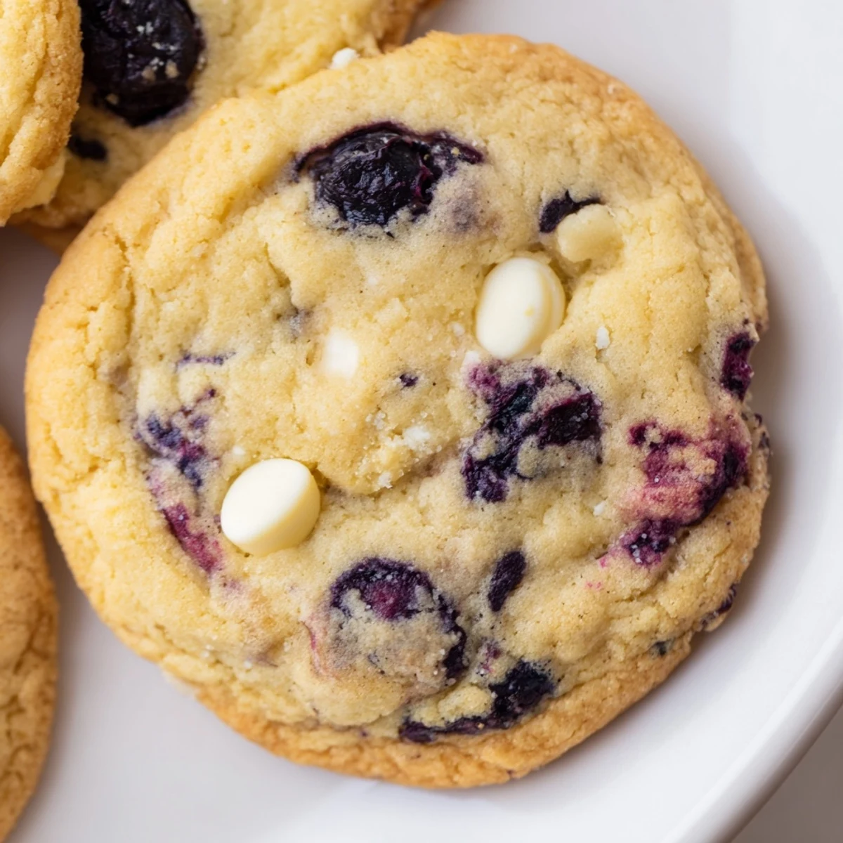 Fresh baked lemon blueberry cookies stacked on white plate, zesty citrus scent rising