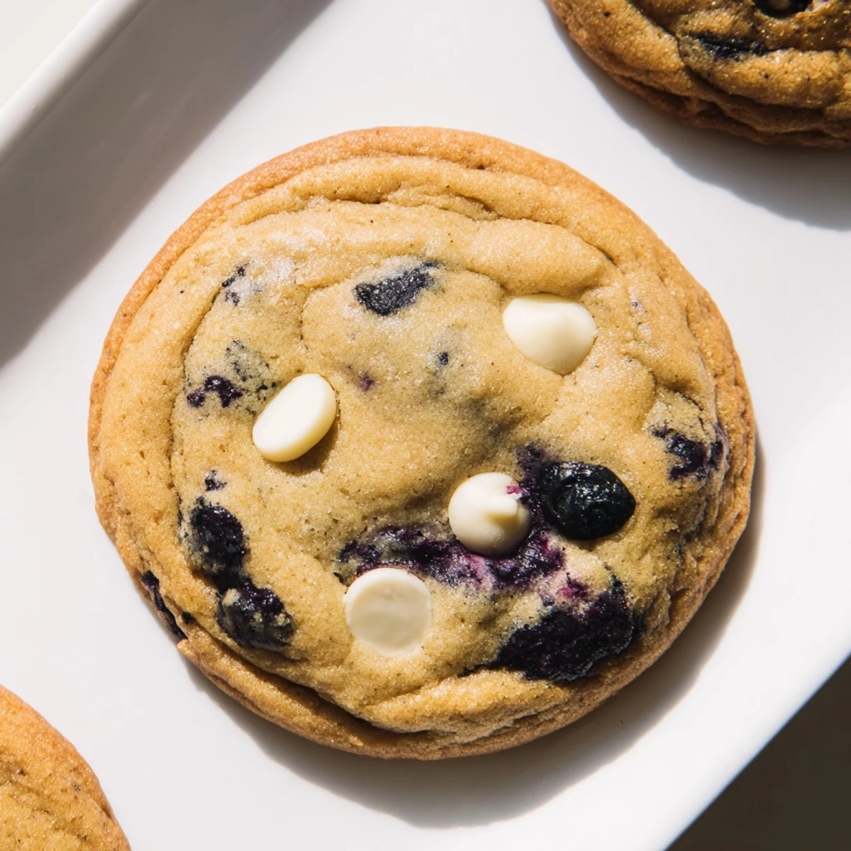 Soft lemon blueberry cookies with visible berry chunks, edges lightly golden and glossy