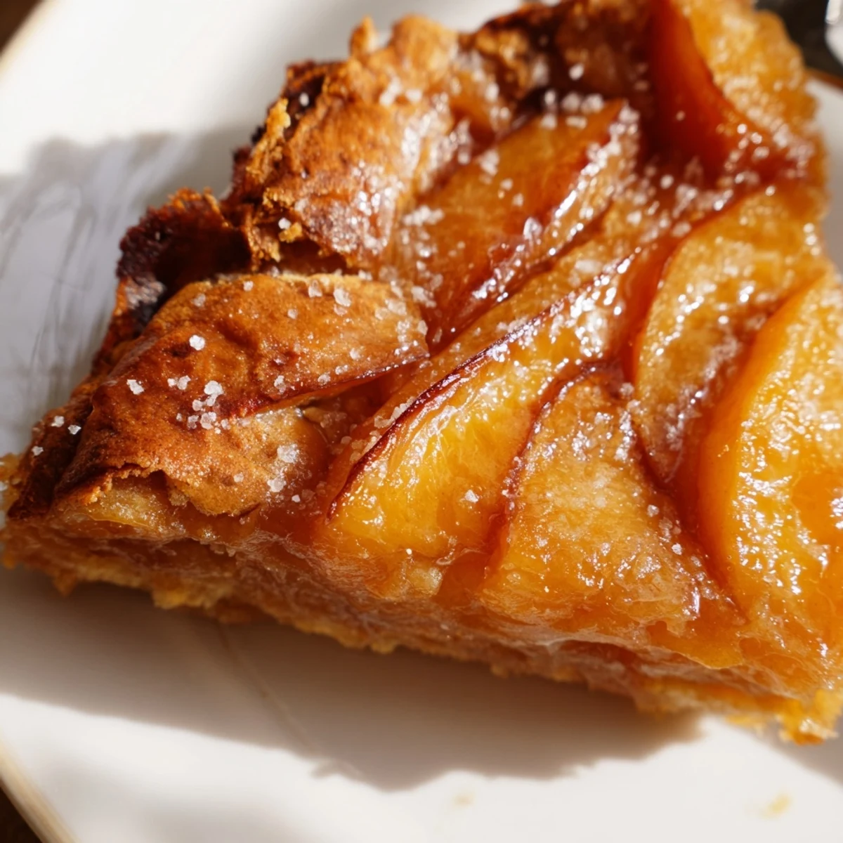 Classic peach cobbler with flaky crust served warm in a white baking dish