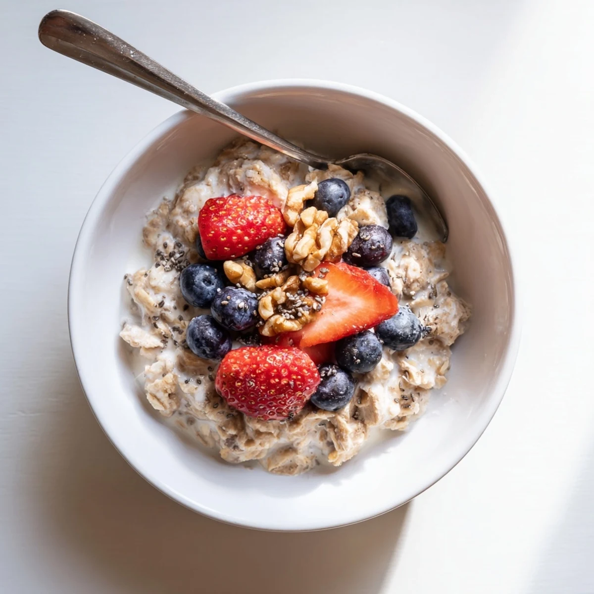 Wholesome breakfast bowl of brown sugar overnight oats layered with banana slices and chia seeds