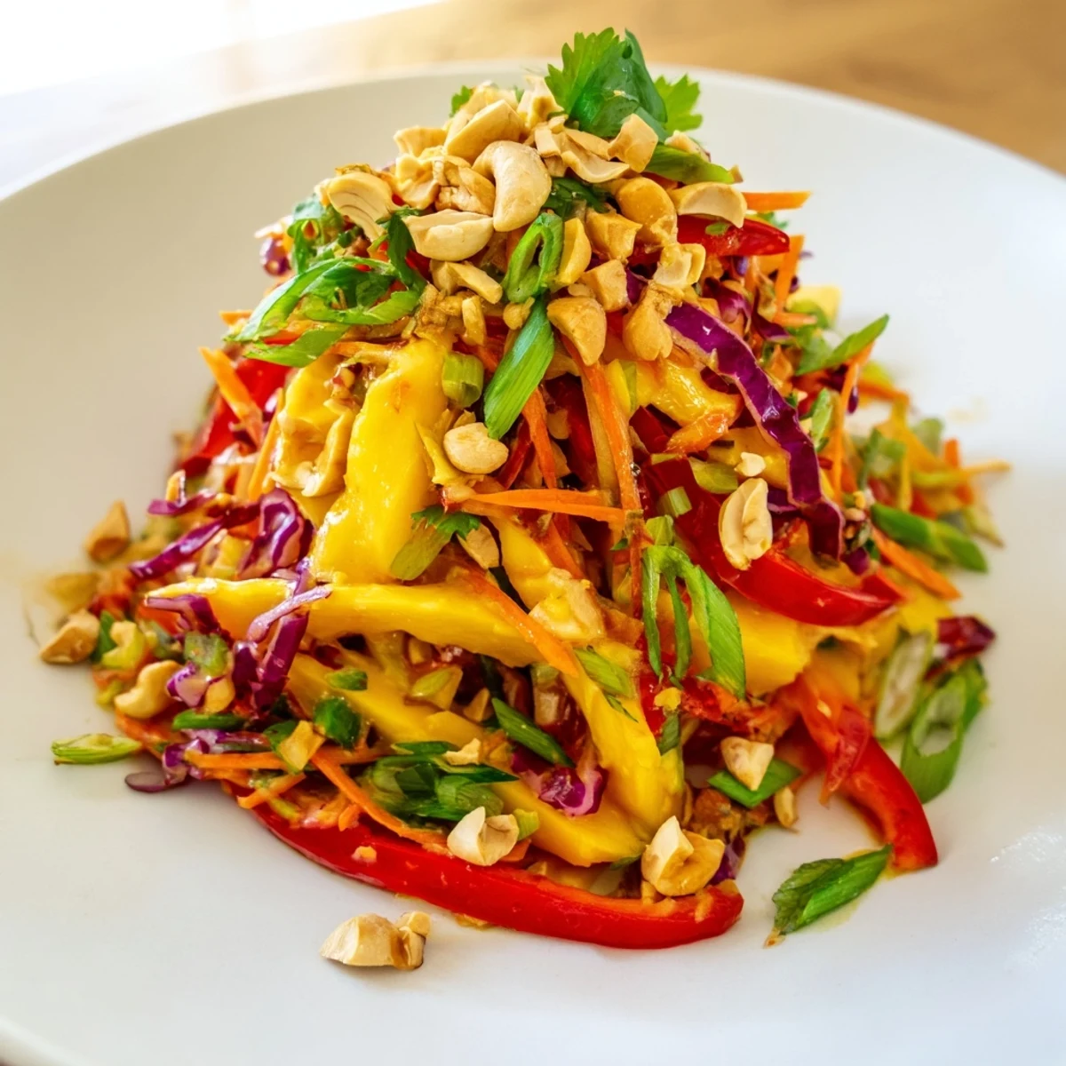 Fresh mango slaw served in white bowl topped with toasted cashews and cilantro