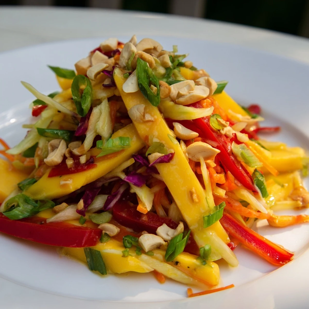 Vibrant tropical mango slaw featuring crisp vegetables drizzled with zesty lime honey dressing