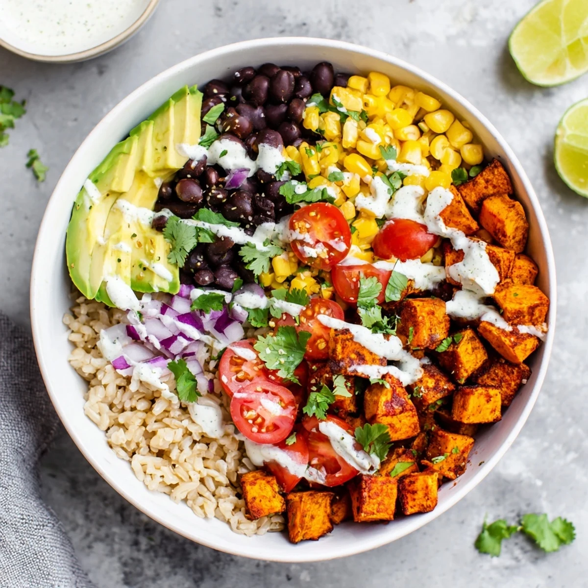 Colorful vegan sweet potato burrito bowl with roasted sweet potatoes, black beans, avocado, cilantro, lime wedges, and brown rice in a white serving bowl.