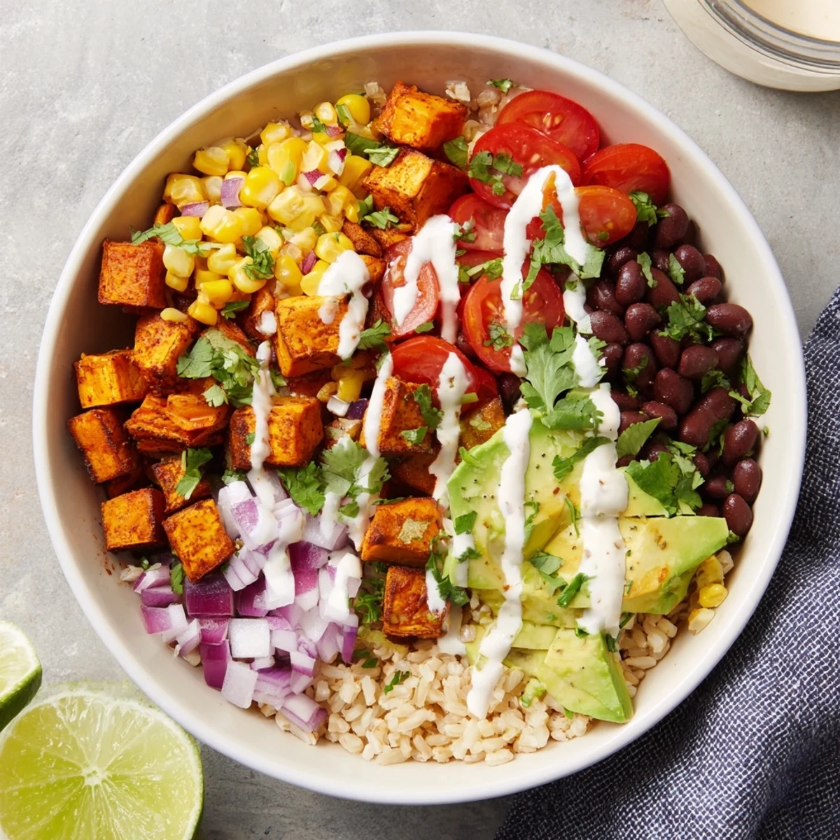 Hearty plant-based vegan sweet potato burrito bowl featuring spiced roasted potatoes, seasoned black beans, fresh corn, diced tomatoes, and creamy green avocado topping.