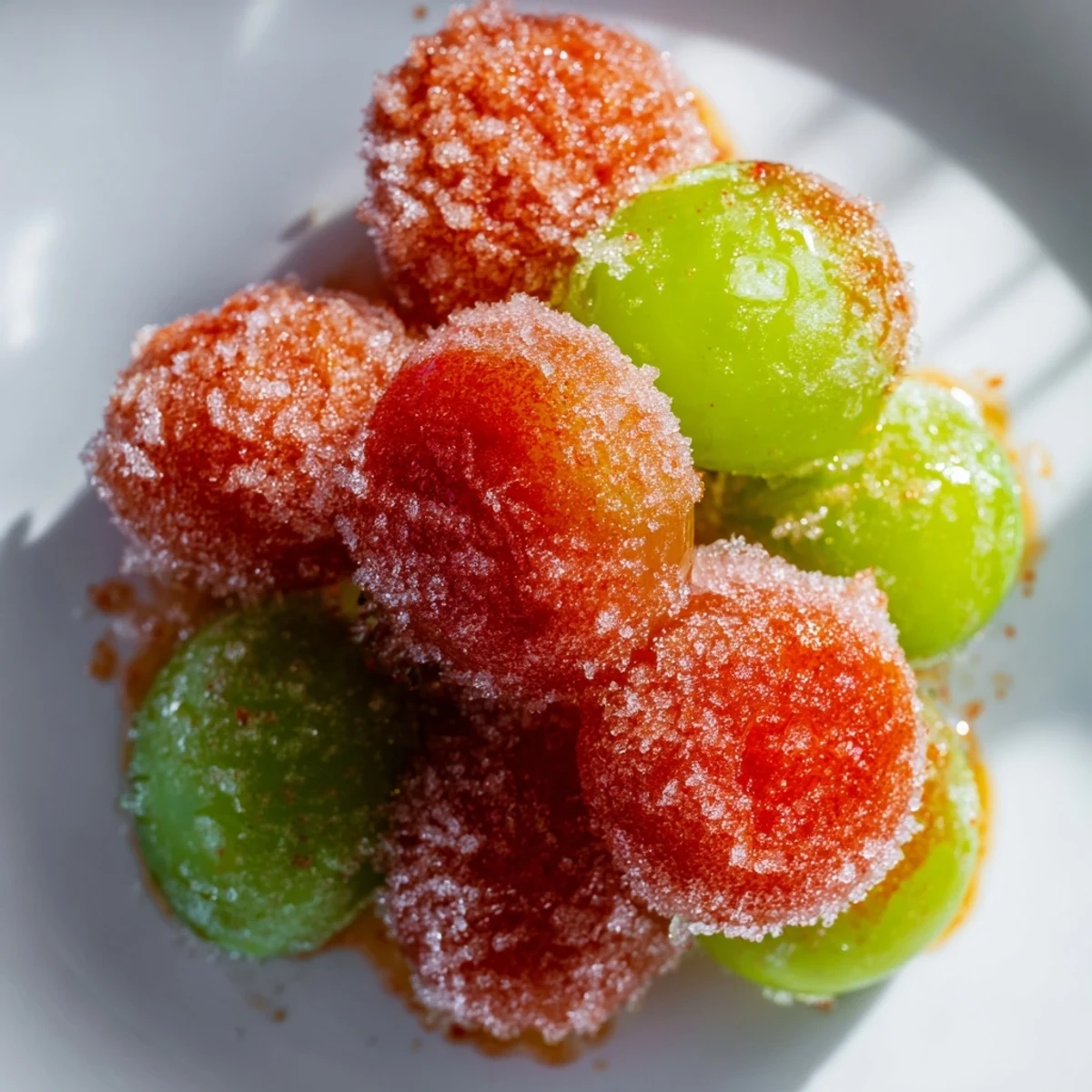 Bowl of frozen Tajín grapes coated in spicy red seasoning and fresh lime zest
