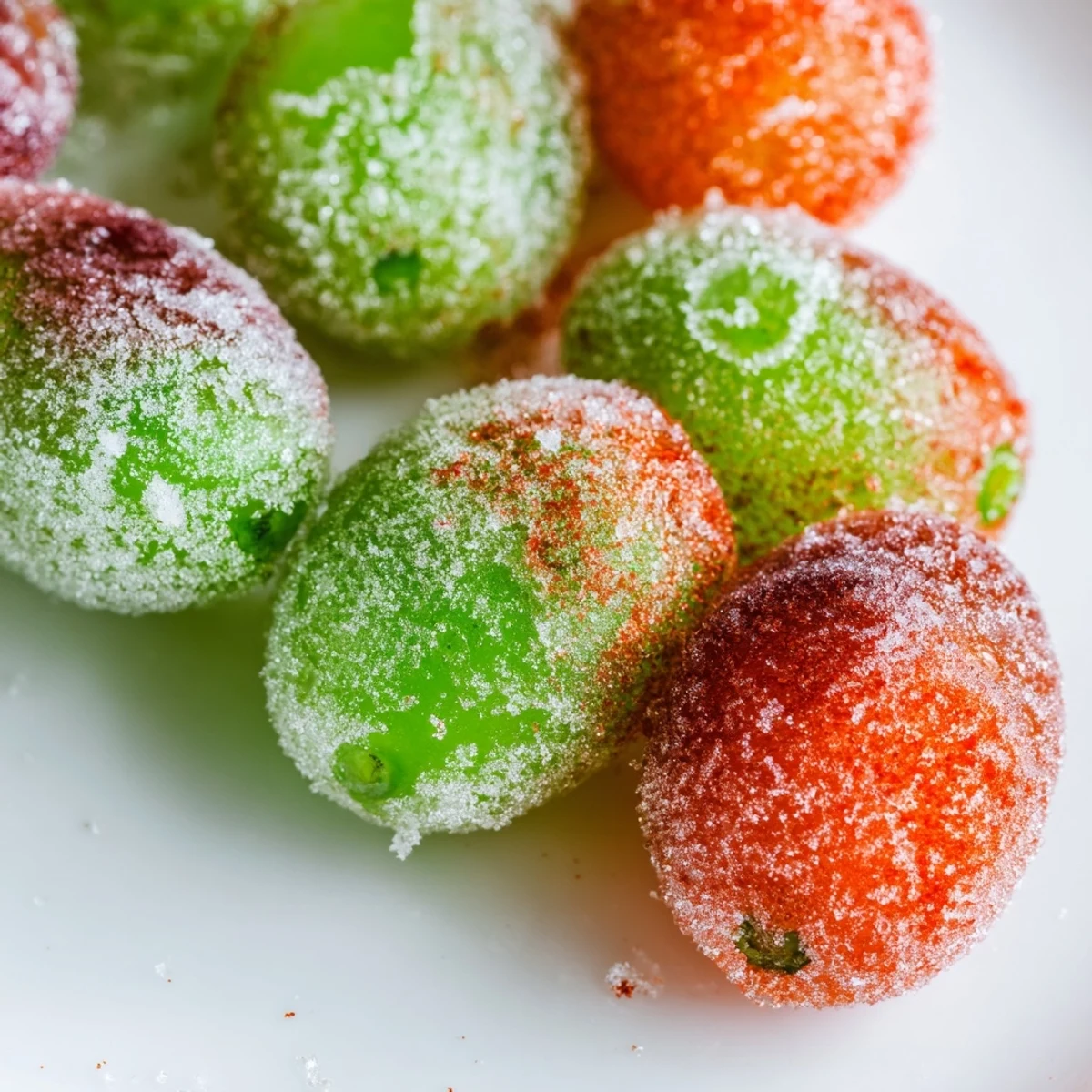 Close-up of frozen green grapes dusted with Tajín seasoning on parchment paper