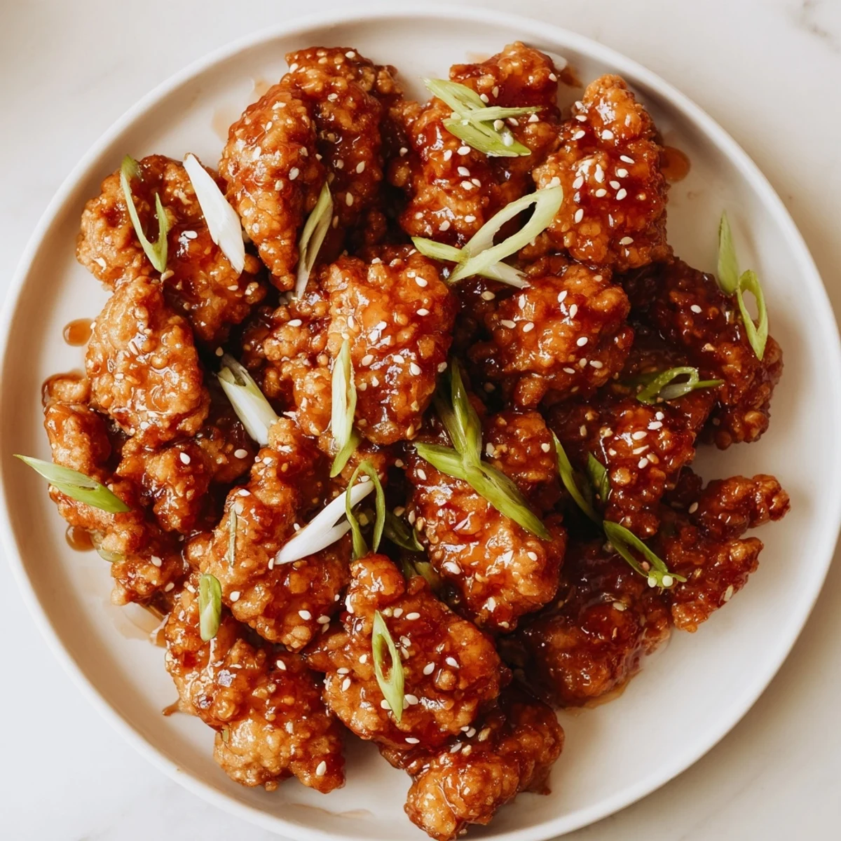 Bite-sized chicken thighs coated in glossy red sweet and spicy chili glaze