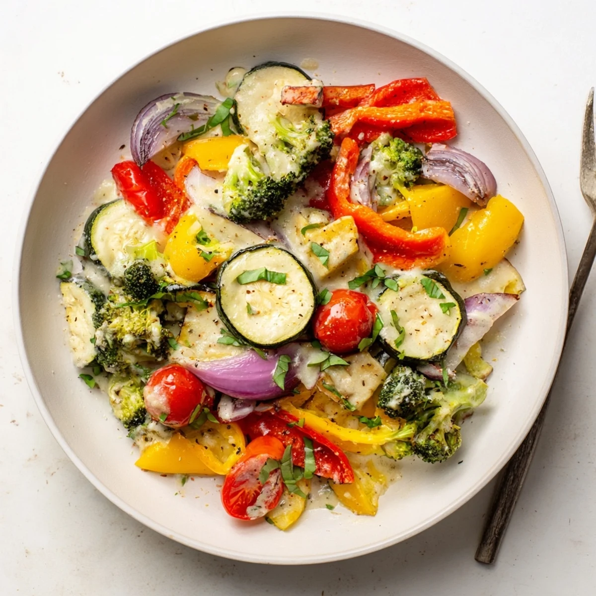 Colorful vegetable medley tossed in rich parmesan cream sauce after roasting to perfection