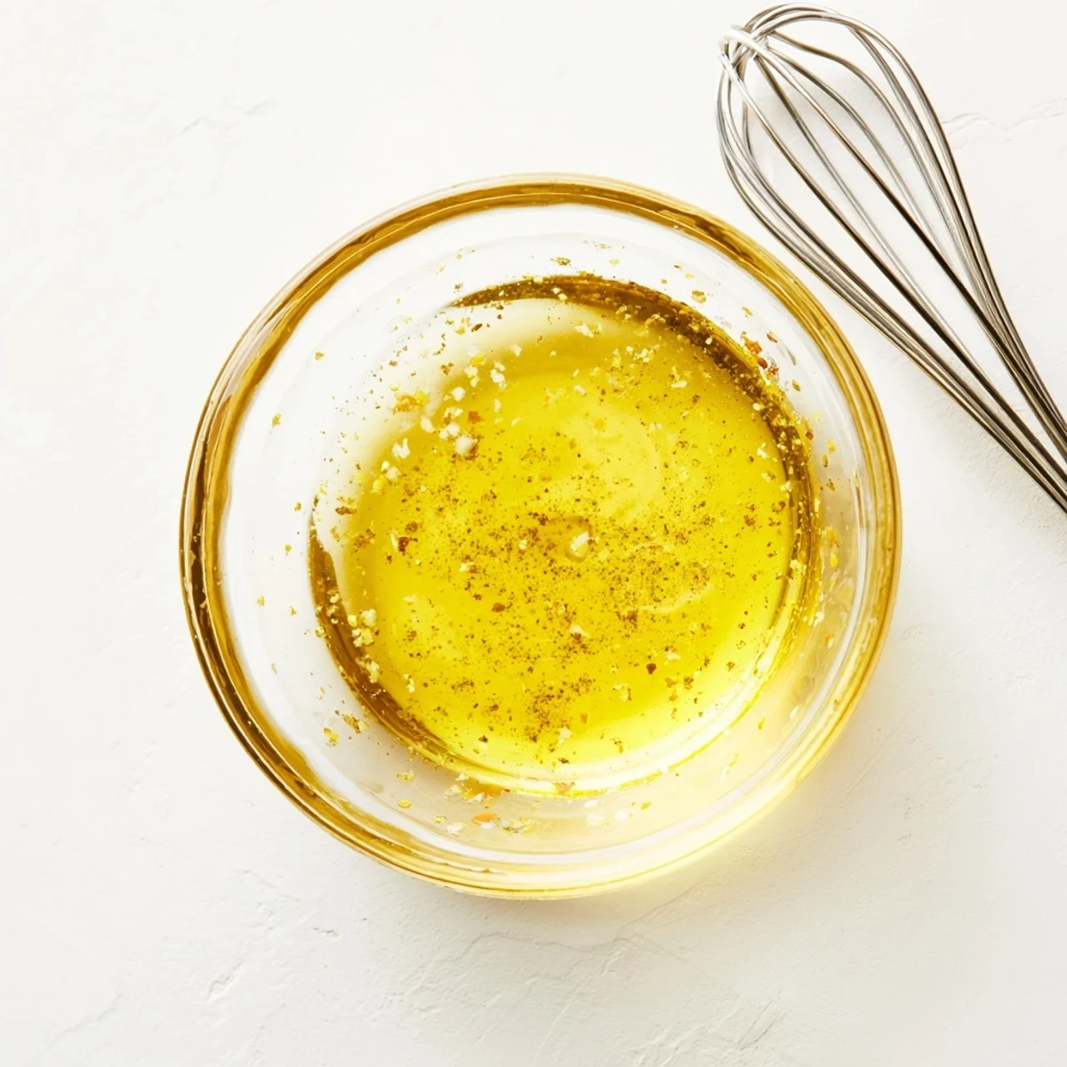 Smooth honey lemon vinaigrette whisked in rustic bowl with olive oil and honey spoon