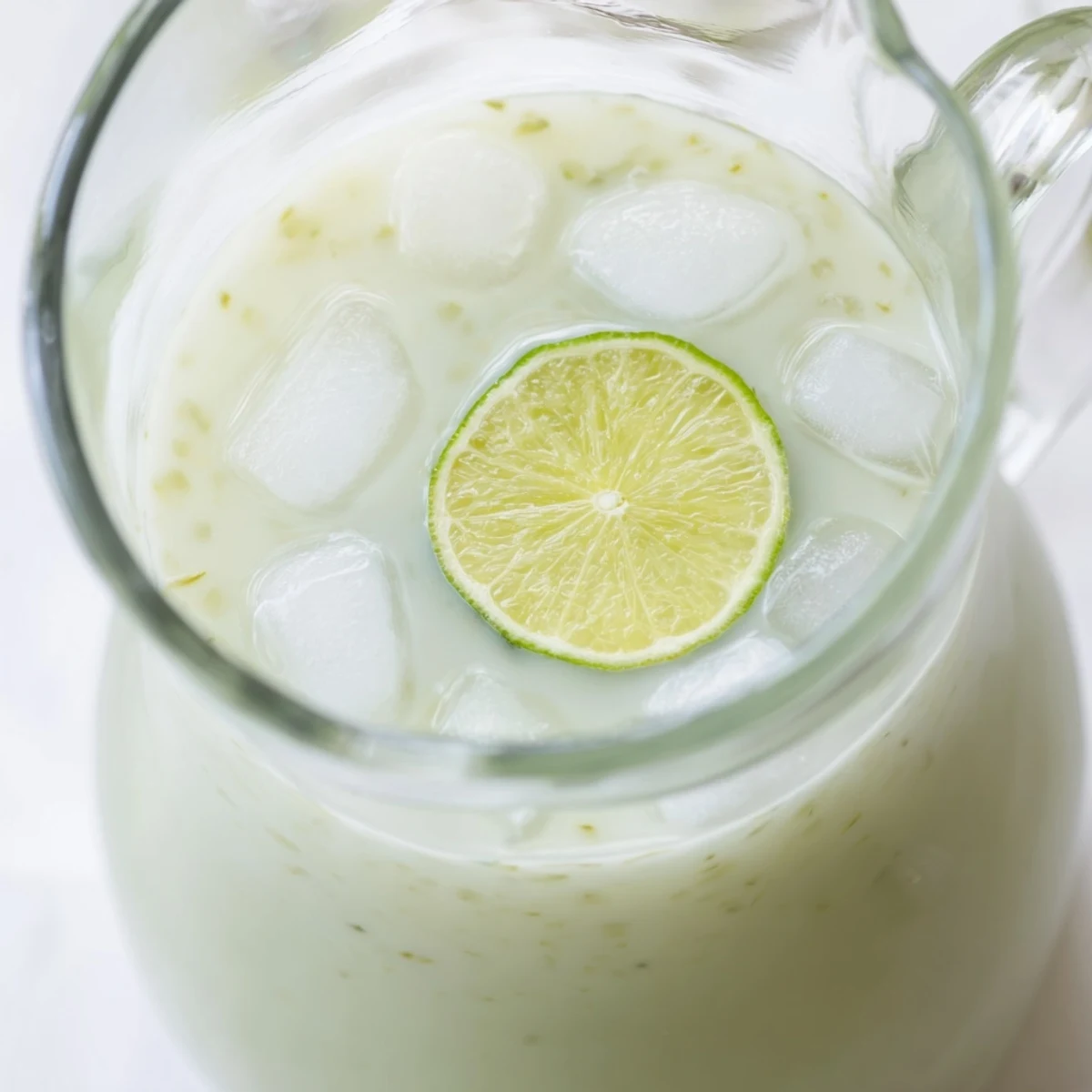 Frosty glass of creamy Brazilian lemonade garnished with fresh lime slices on ice