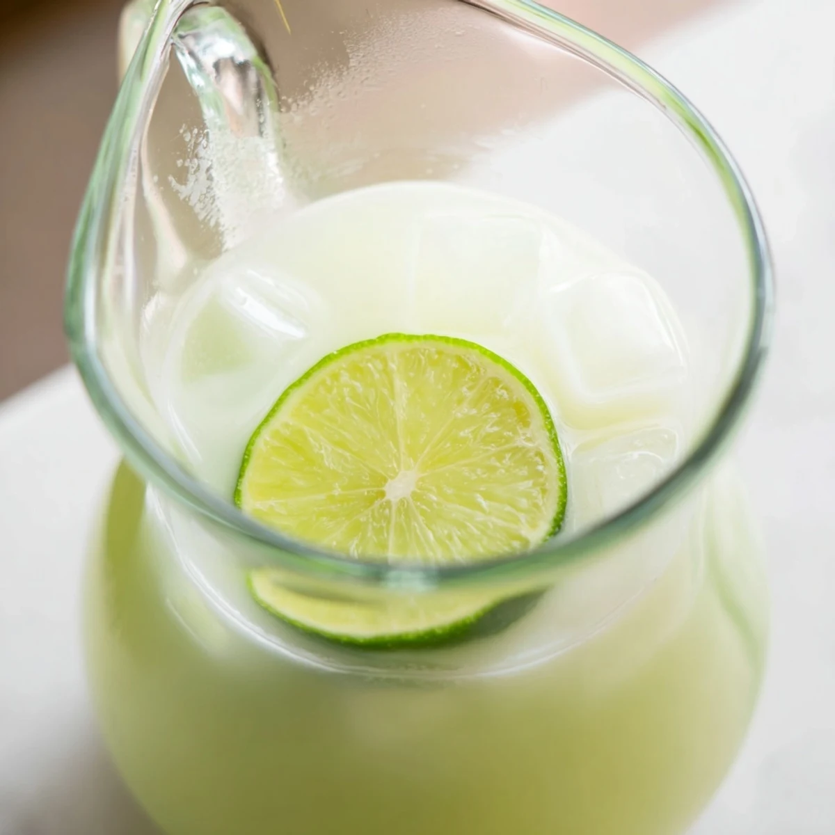 Tangy creamy Brazilian lemonade pitcher served over ice with lime wheel garnish