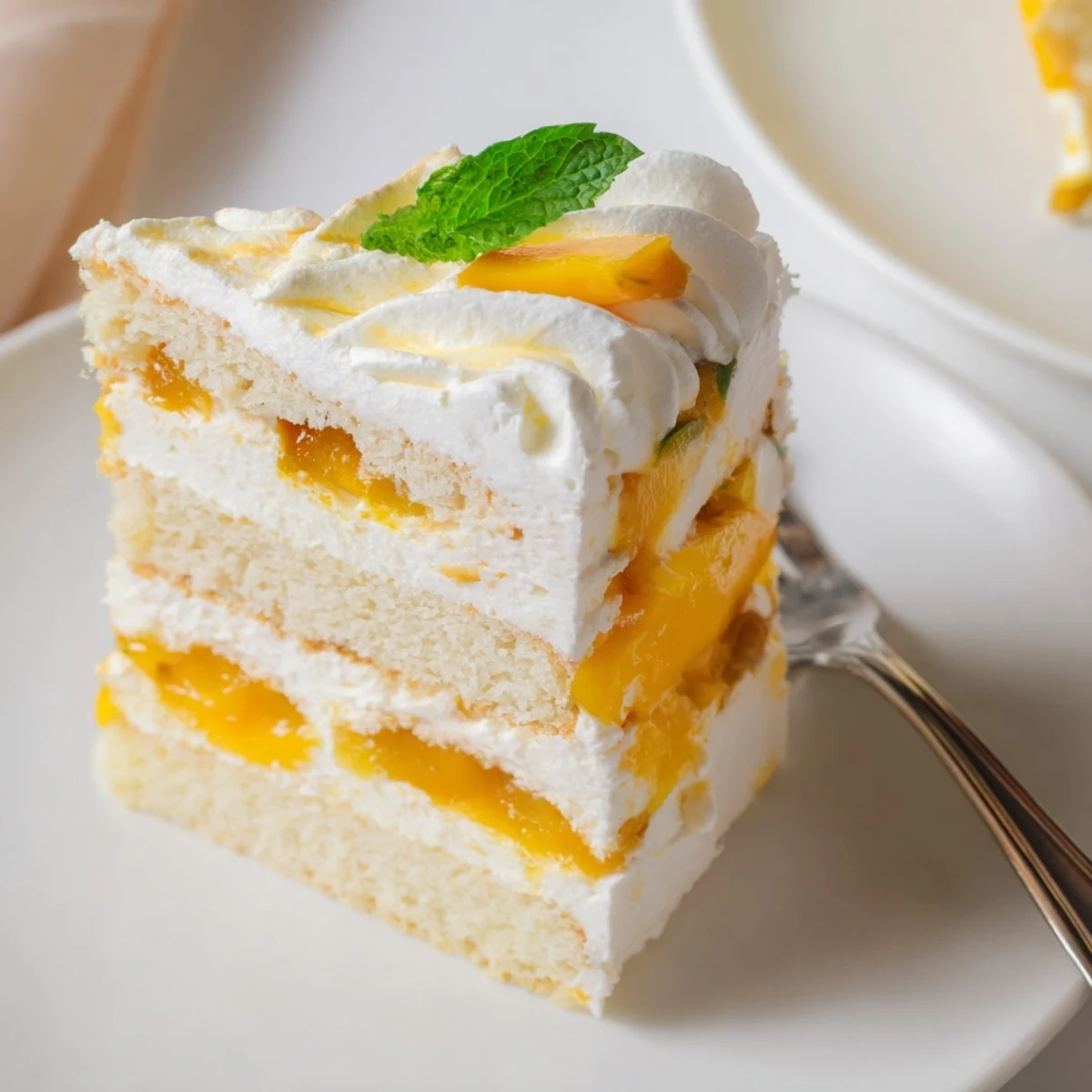 Mini mango yuzu Chantilly cake with fluffy cream layers and fresh tropical fruit garnish