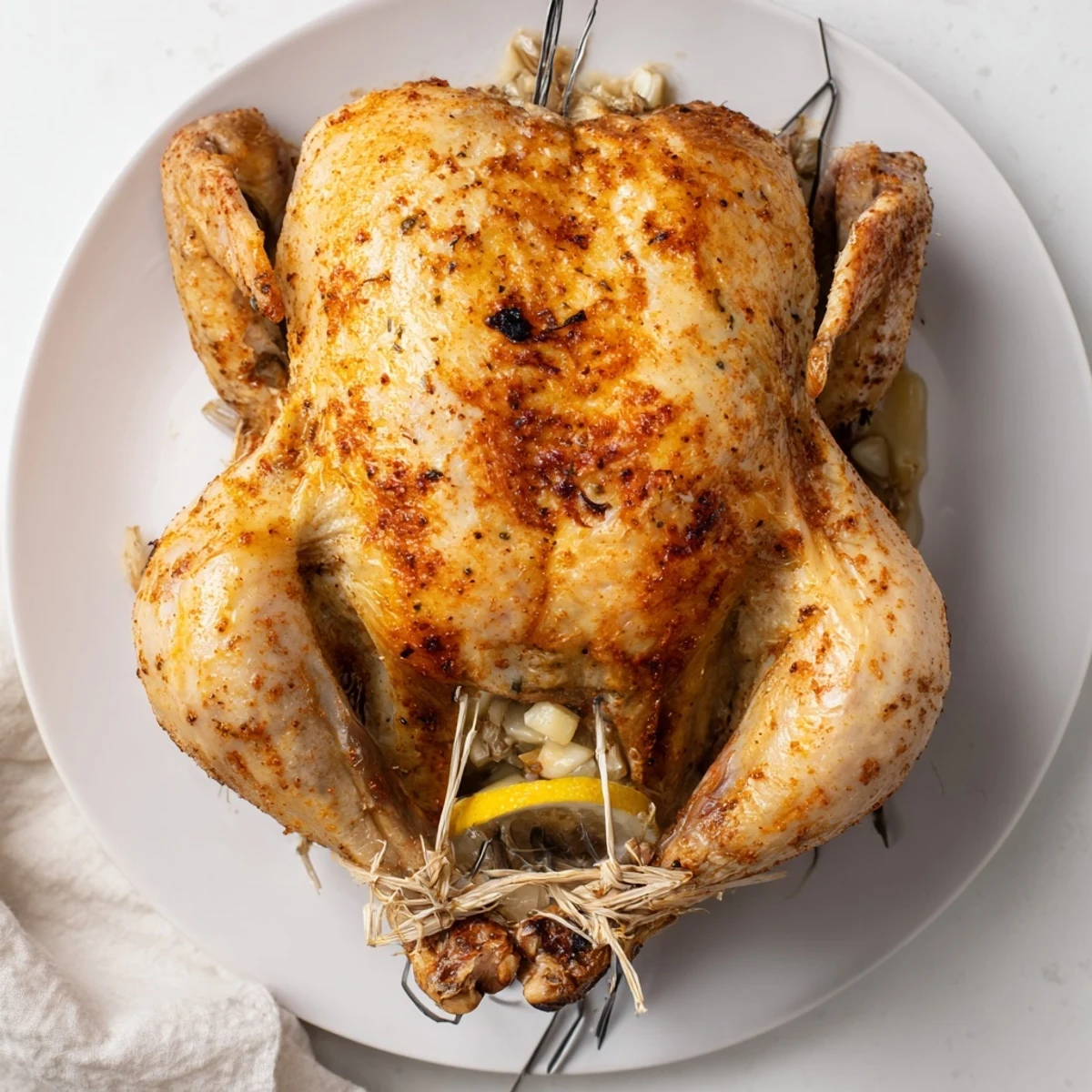 Succulent spice-rubbed rotisserie chicken showcasing golden skin and juicy sliced portions on a white platter