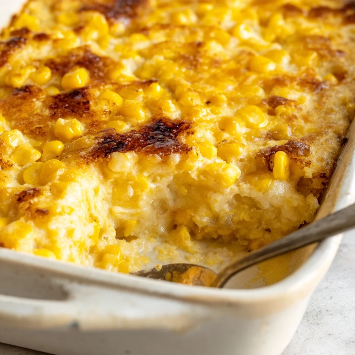 Golden brown honey glazed corn casserole with caramelized top and creamy tender kernels
