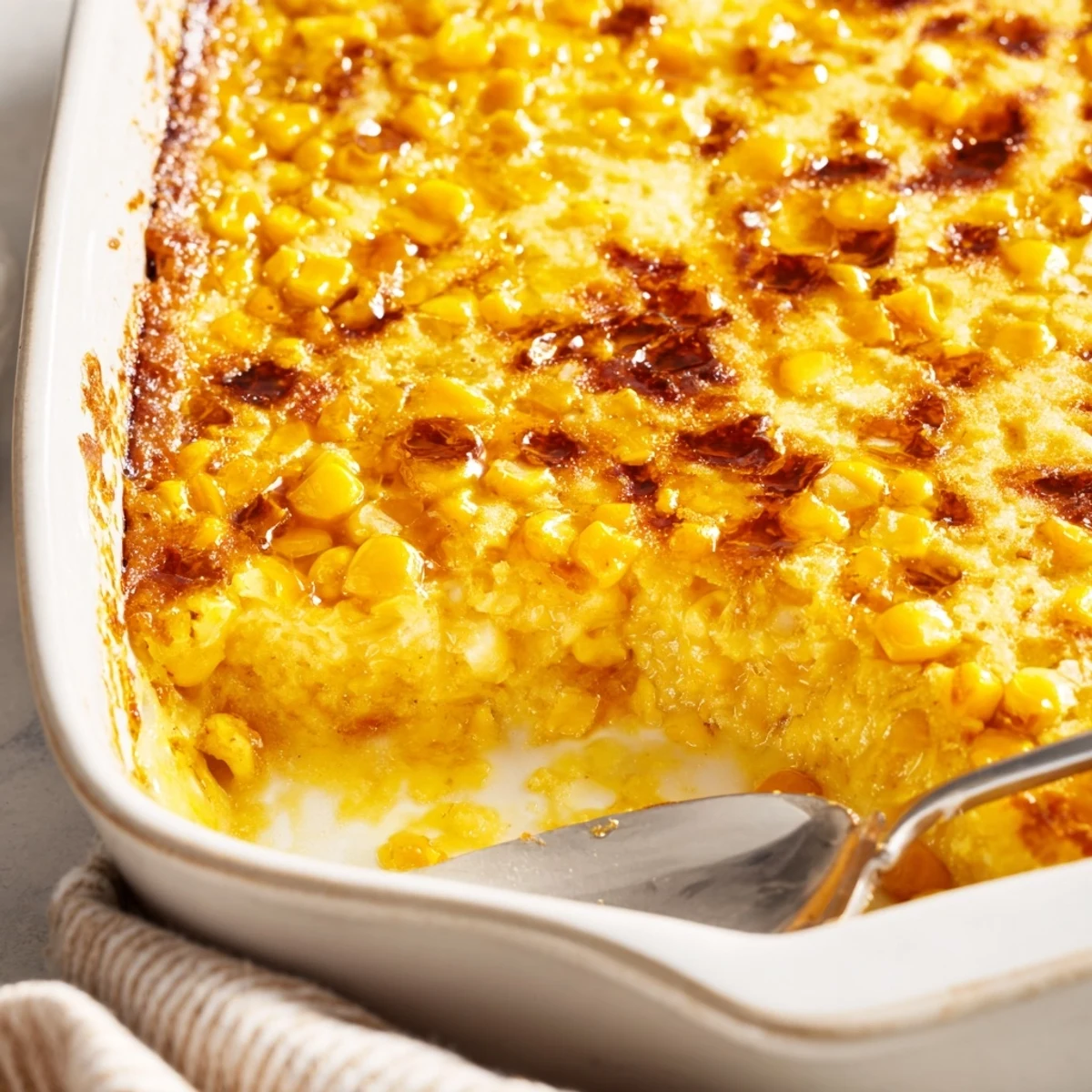 Creamy honey glazed corn casserole baked until golden with melted cheddar cheese topping