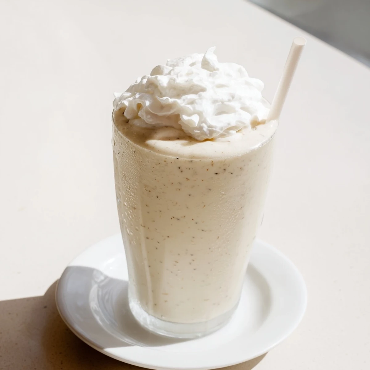 Thick vanilla bean frappuccino garnished with sweetened whipped cream and straws ready