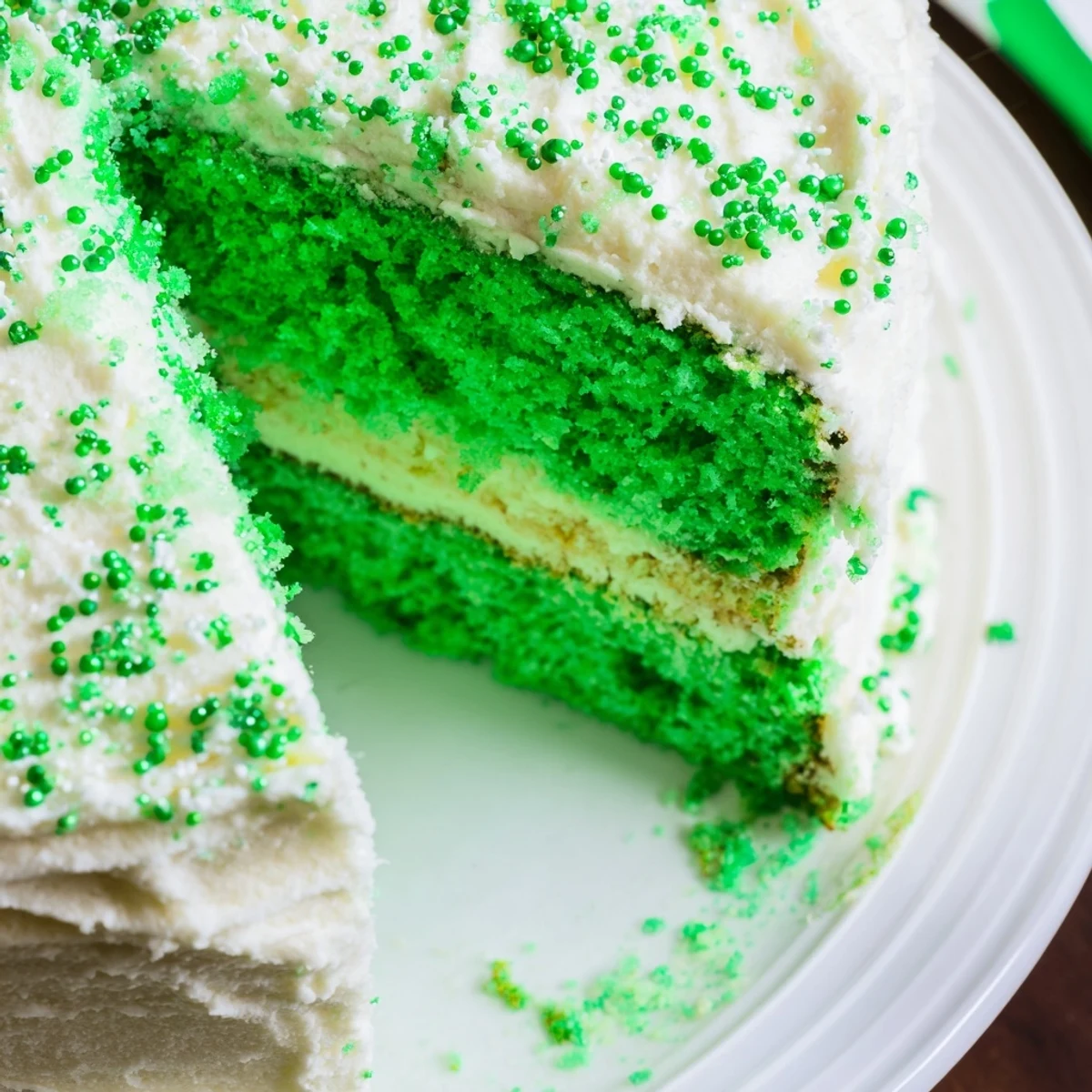 Layered St. Patricks Day cake topped with creamy white frosting and green sprinkles