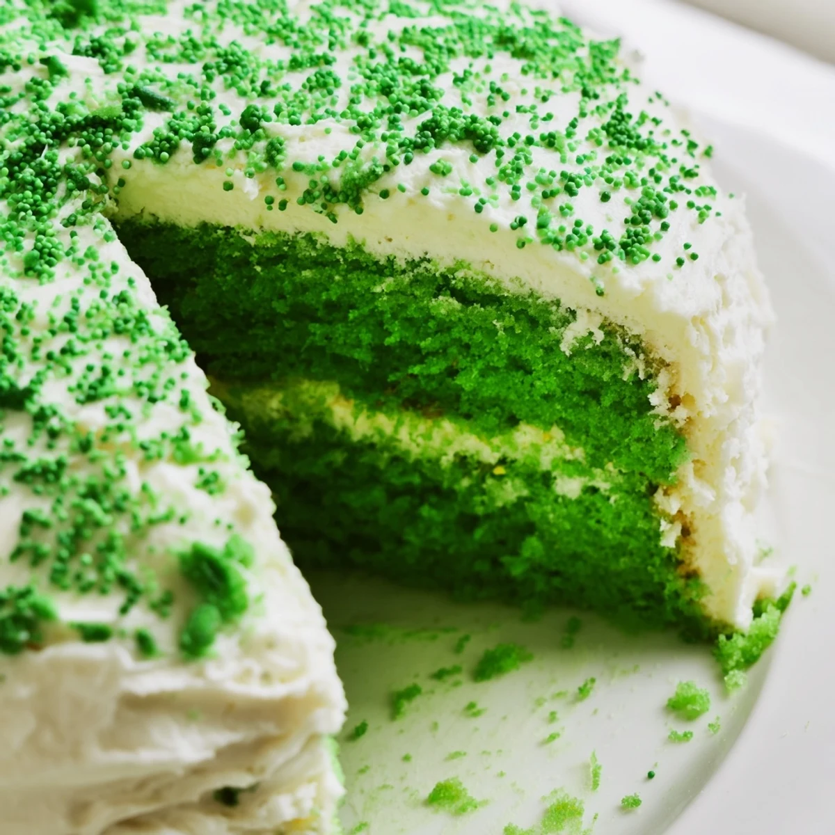 Triple-layer St. Patricks Day cake showcasing bright green sponge and smooth buttercream frosting