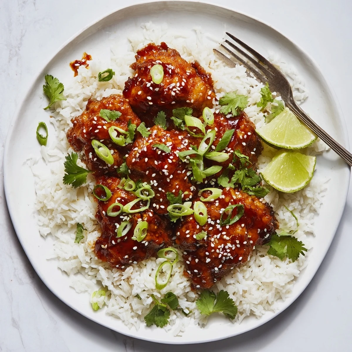 Golden brown glazed chicken thighs resting over fluffy coconut rice with fresh cilantro garnish