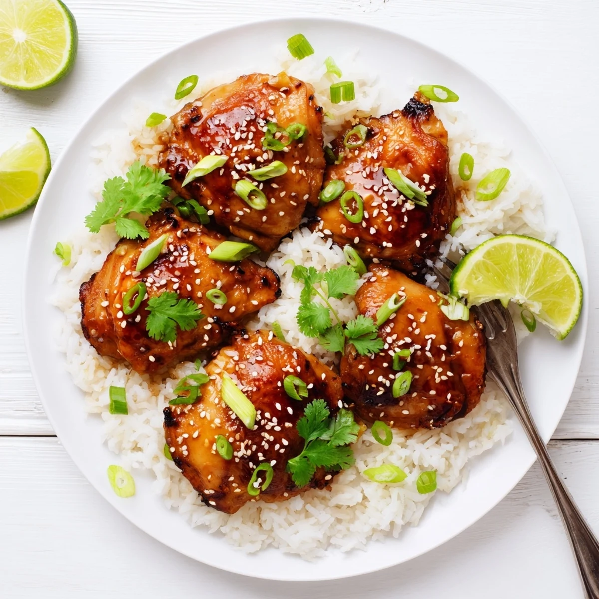 Plate of spicy maple chicken with caramelized edges served atop creamy white coconut rice