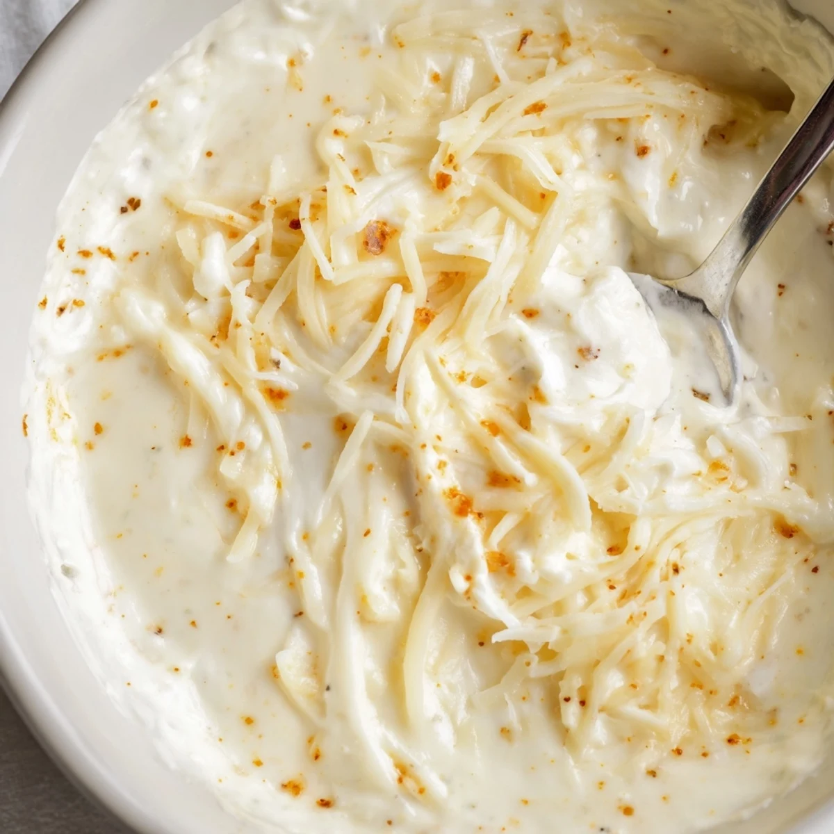 Golden cheese dip for pretzels bubbling in a white saucepan with steam rising