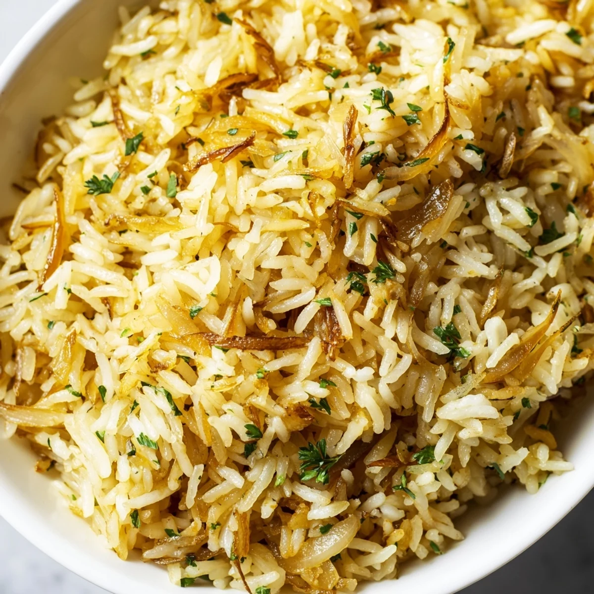 Golden French onion butter rice with caramelized onions and fresh parsley garnish