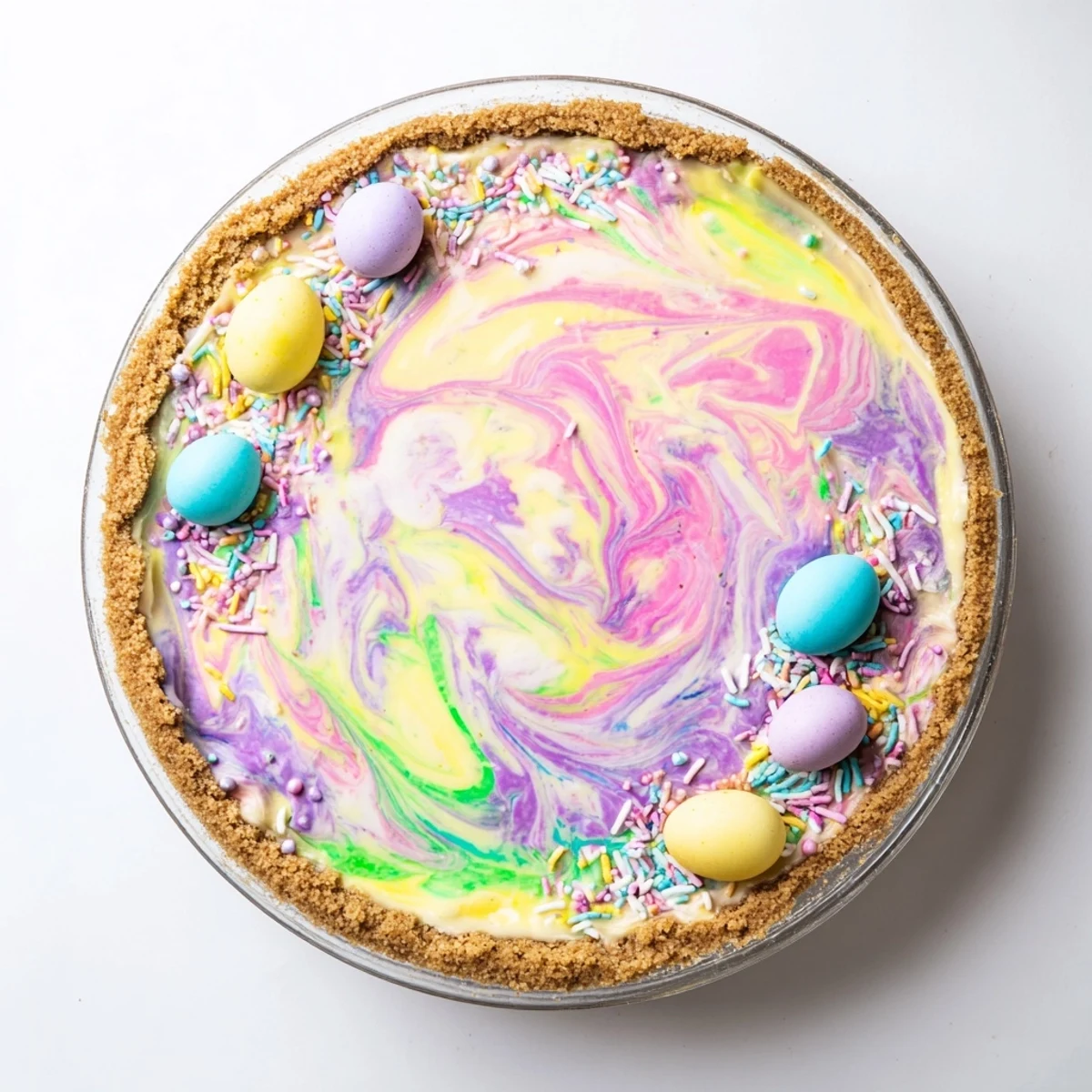 Festive Easter Swirl Pie featuring pastel pink yellow and purple marbled filling set in cookie crust