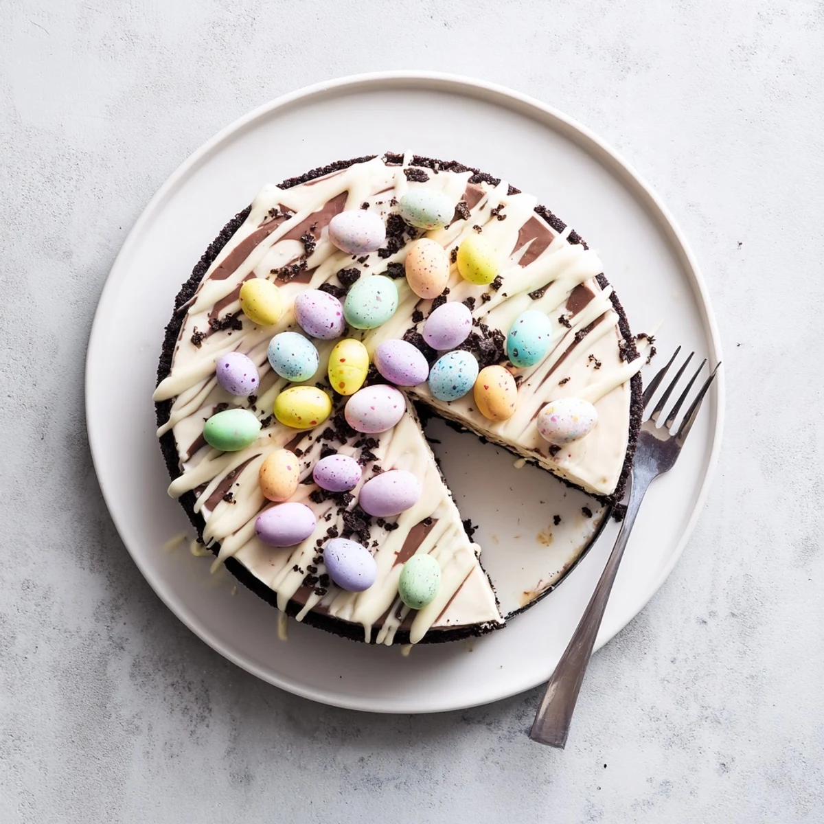Creamy Easter Egg Cheesecake topped with colorful mini chocolate eggs on a chocolate cookie crust