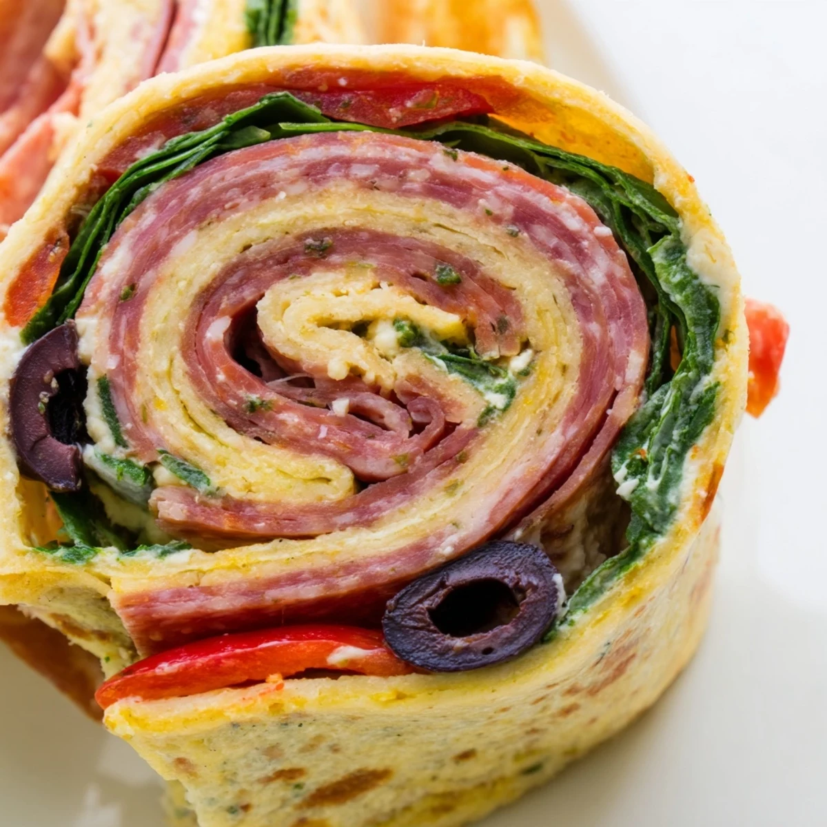 Spiraled Italian pinwheel sandwiches layered with salami, provolone, roasted red peppers, and fresh spinach on a white serving platter