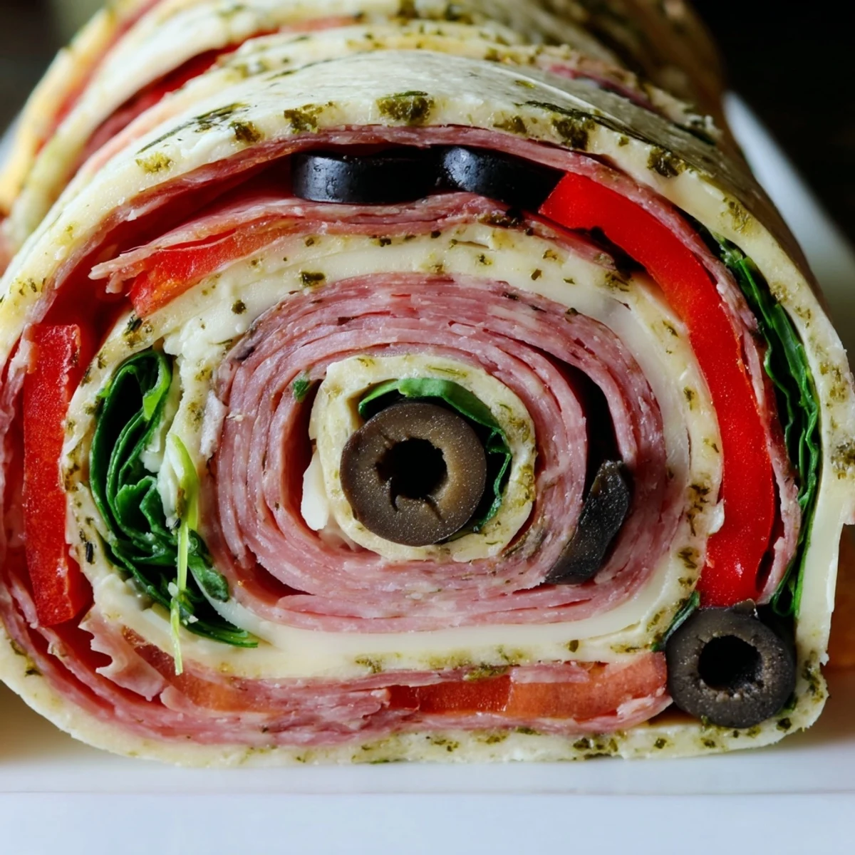 Close-up of Italian pinwheel sandwiches ready for party display, showcasing colorful cross-sections of cured meats and melted cheese