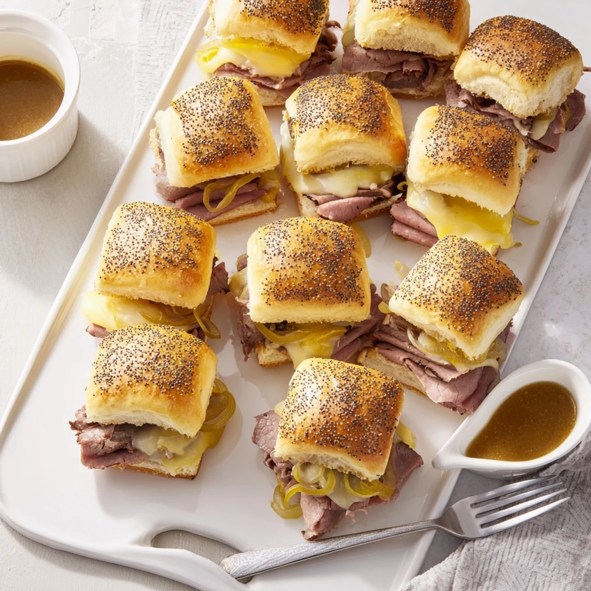 Tender roast beef French Dip Sliders served alongside small bowls of rich au jus for dipping