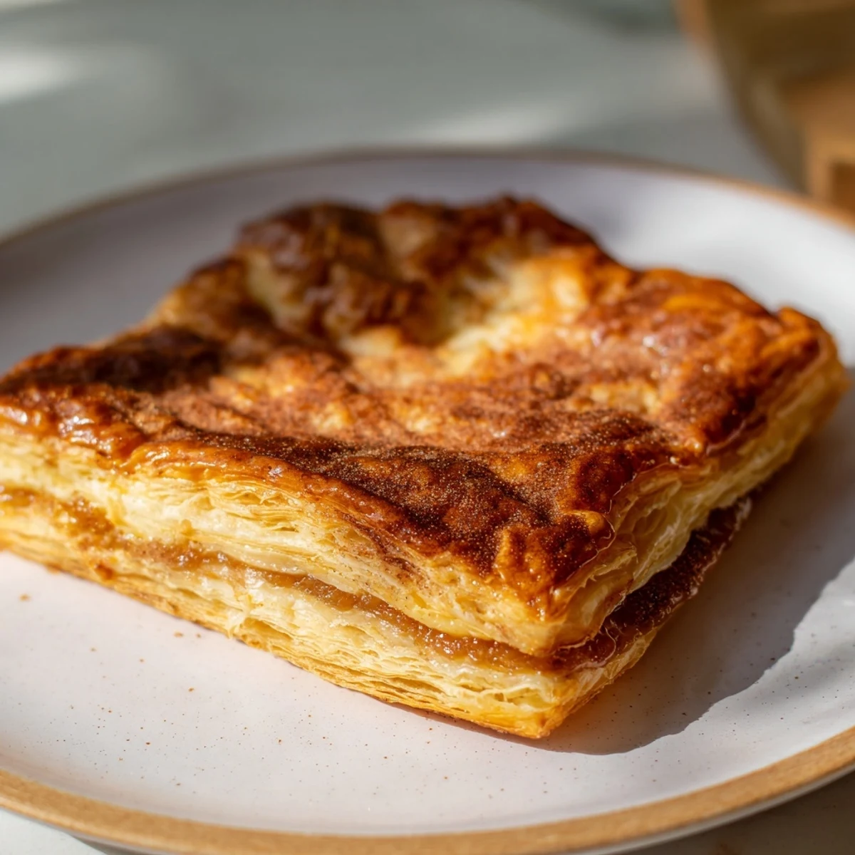 Crispy puff pastry squares filled with creamy caramel dulce de leche on white plate