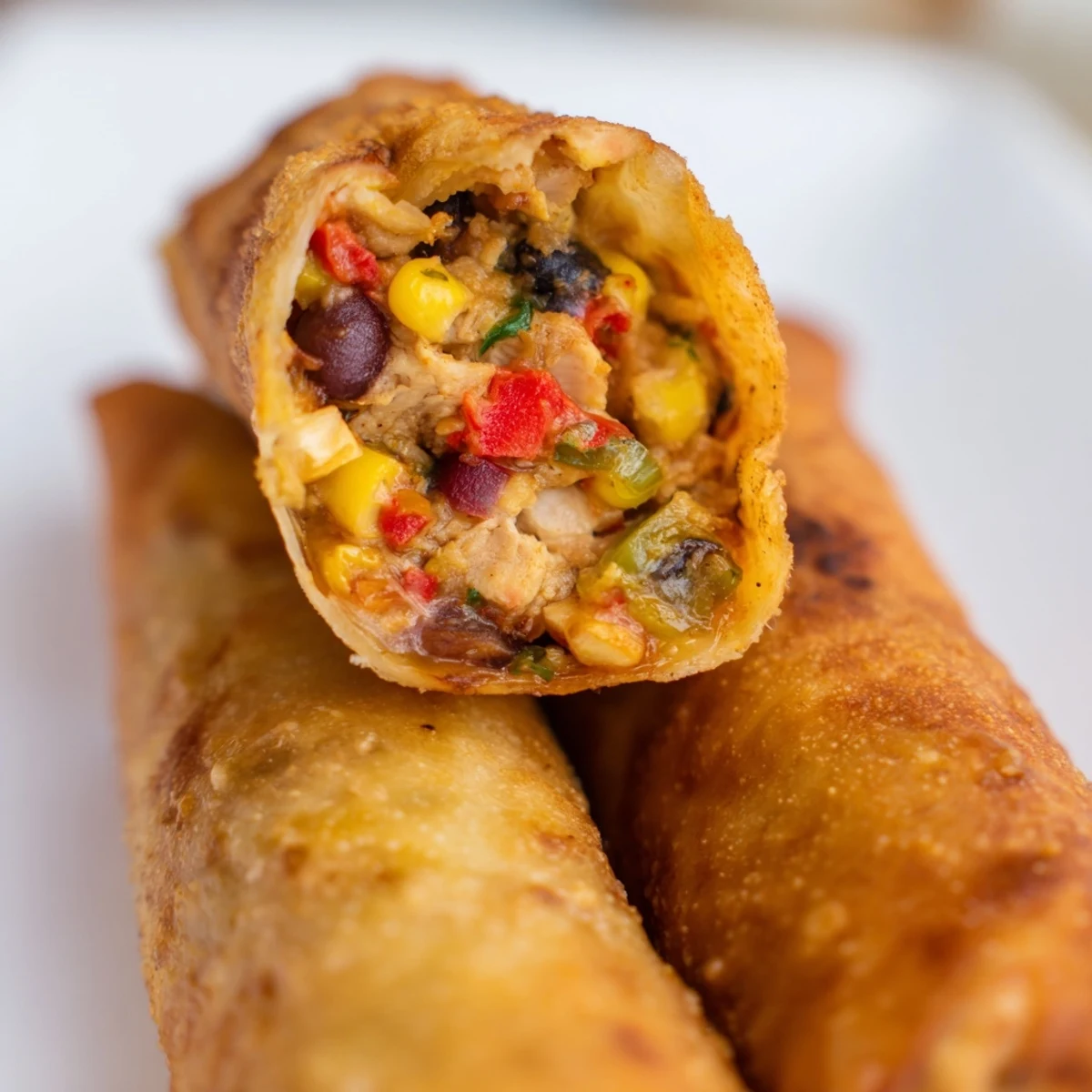 Golden brown Southwest egg rolls filled with seasoned chicken, black beans, corn, and melted cheese