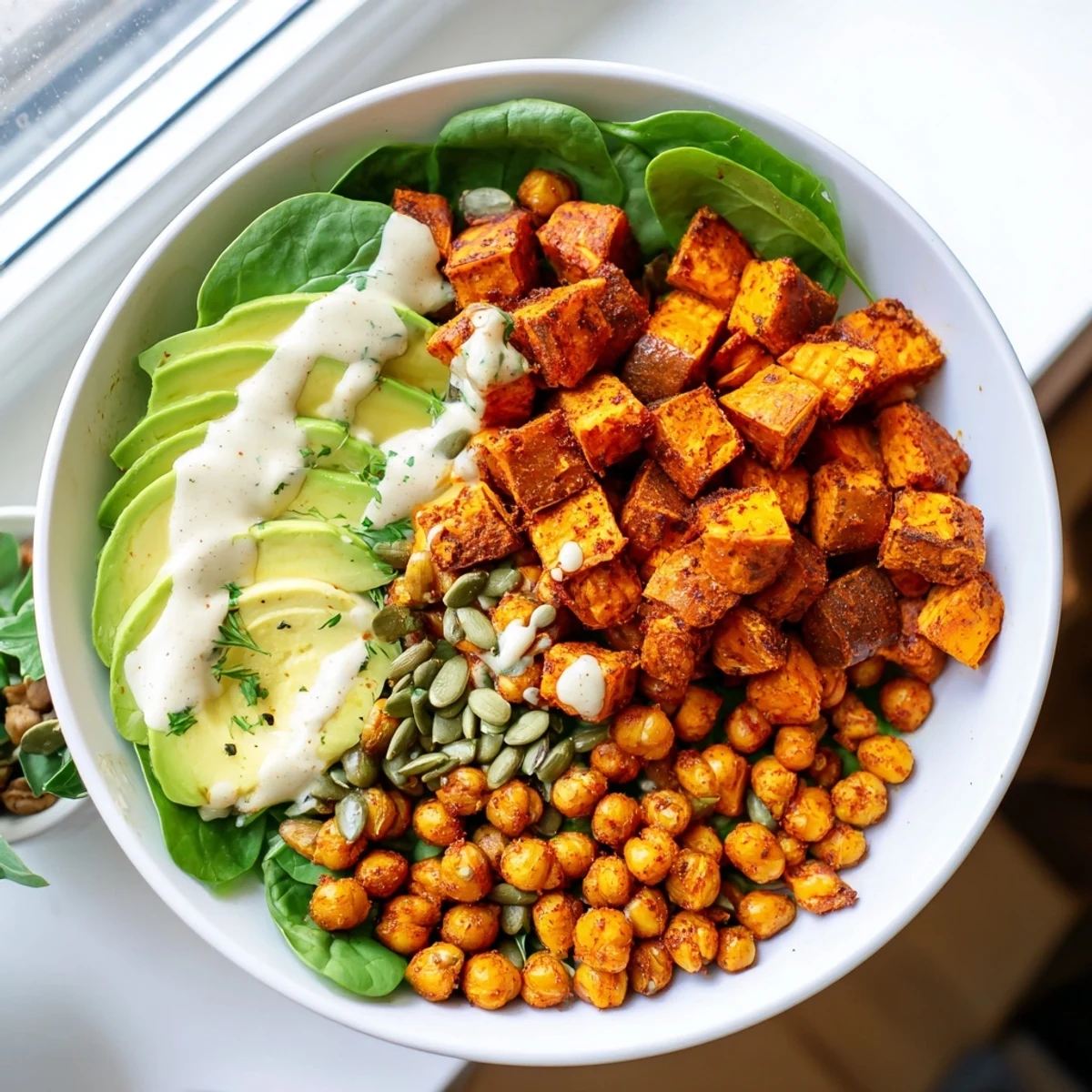 Golden roasted sweet potato and chickpea bowls drizzled with creamy tahini dressing over fresh greens