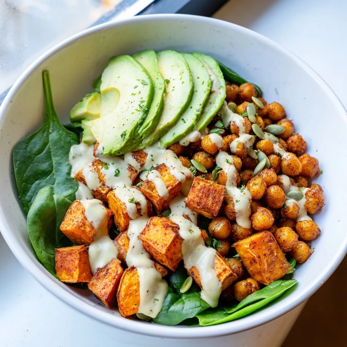 Colorful vegetarian meal featuring caramelized sweet potatoes and crispy chickpeas with sliced avocado topping