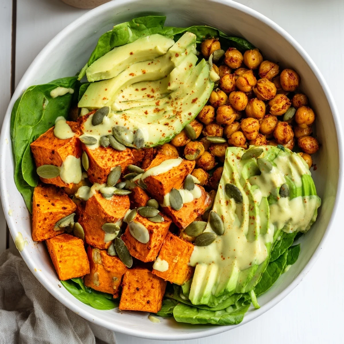 Wholesome roasted sweet potato and chickpea bowls arranged over spinach with zesty tahini sauce