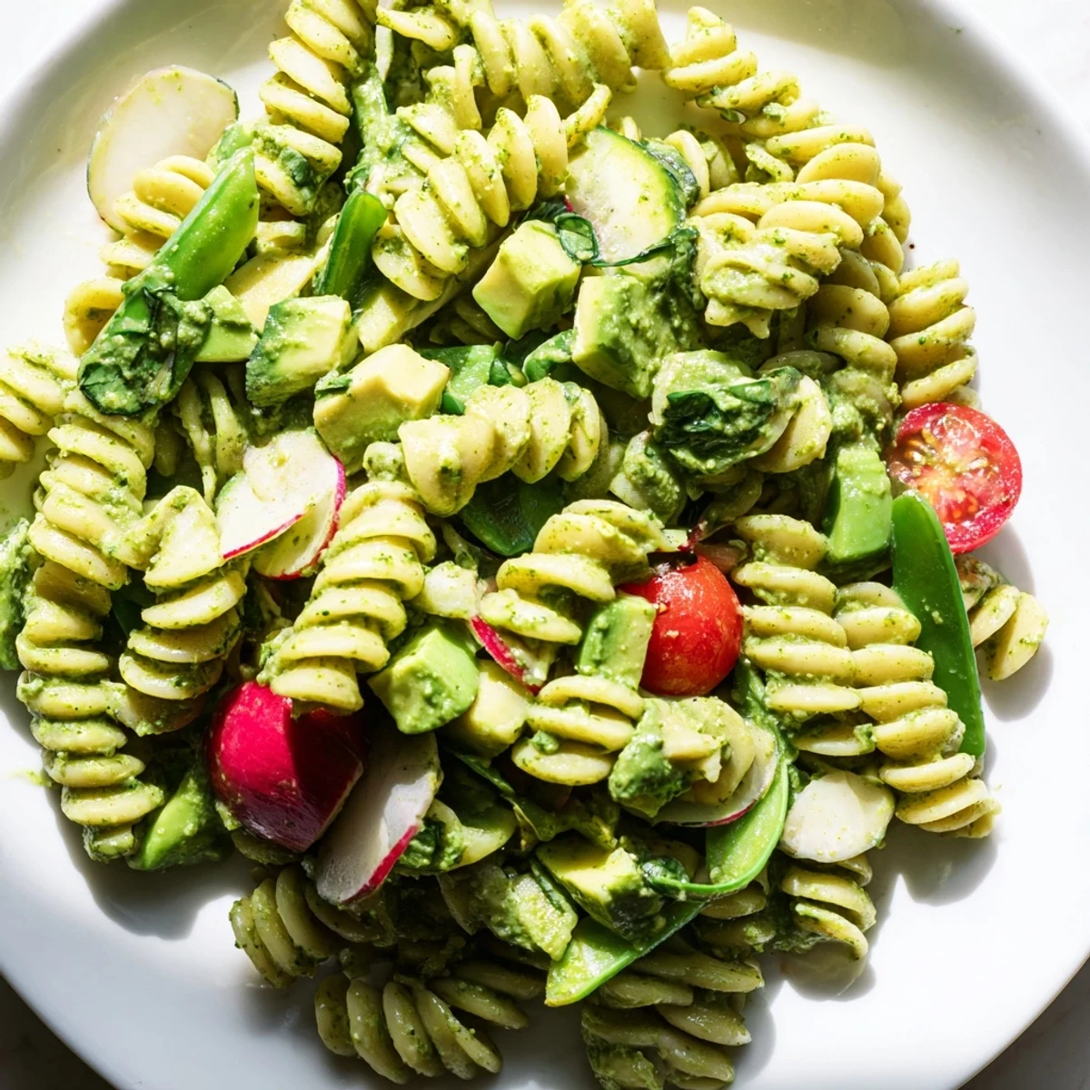 Colorful Green Goddess pasta salad tossed with crisp vegetables and creamy herb dressing in a white bowl