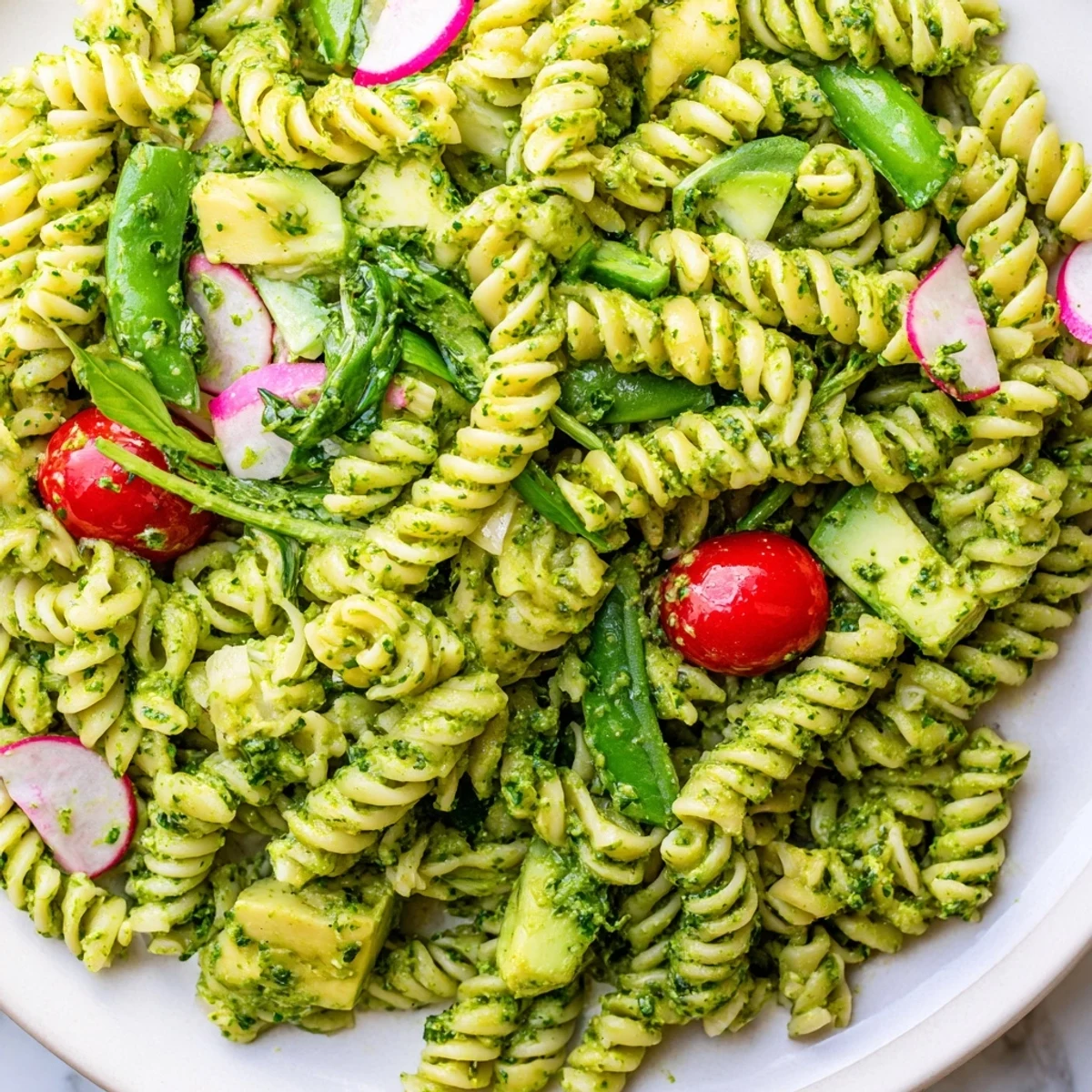 Vibrant summer Green Goddess pasta salad featuring fusilli noodles, cherry tomatoes, and snap peas coated in green dressing