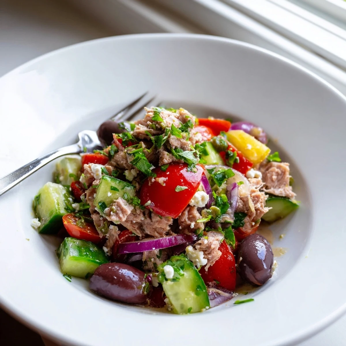 Colorful Mediterranean tuna salad bowl with fresh vegetables, olives, and lemon olive oil dressing