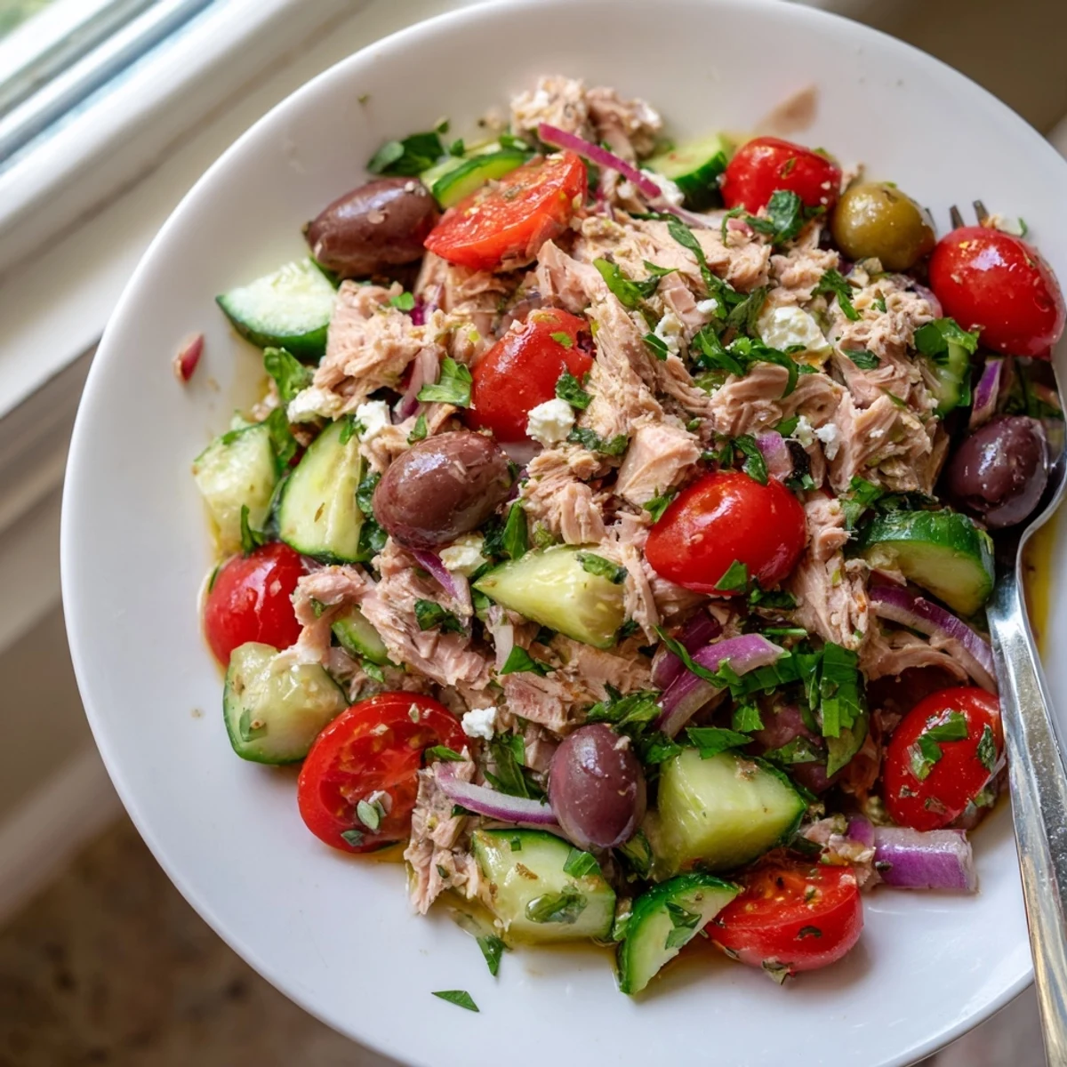 Protein-packed Mediterranean tuna salad featuring vibrant roasted peppers and zesty lemon dressing