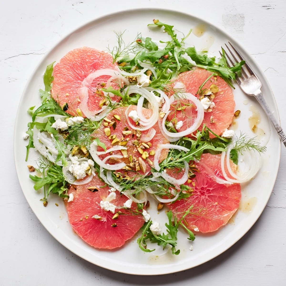 Colorful grapefruit goat cheese fennel salad with juicy citrus segments and creamy crumbles on fresh greens
