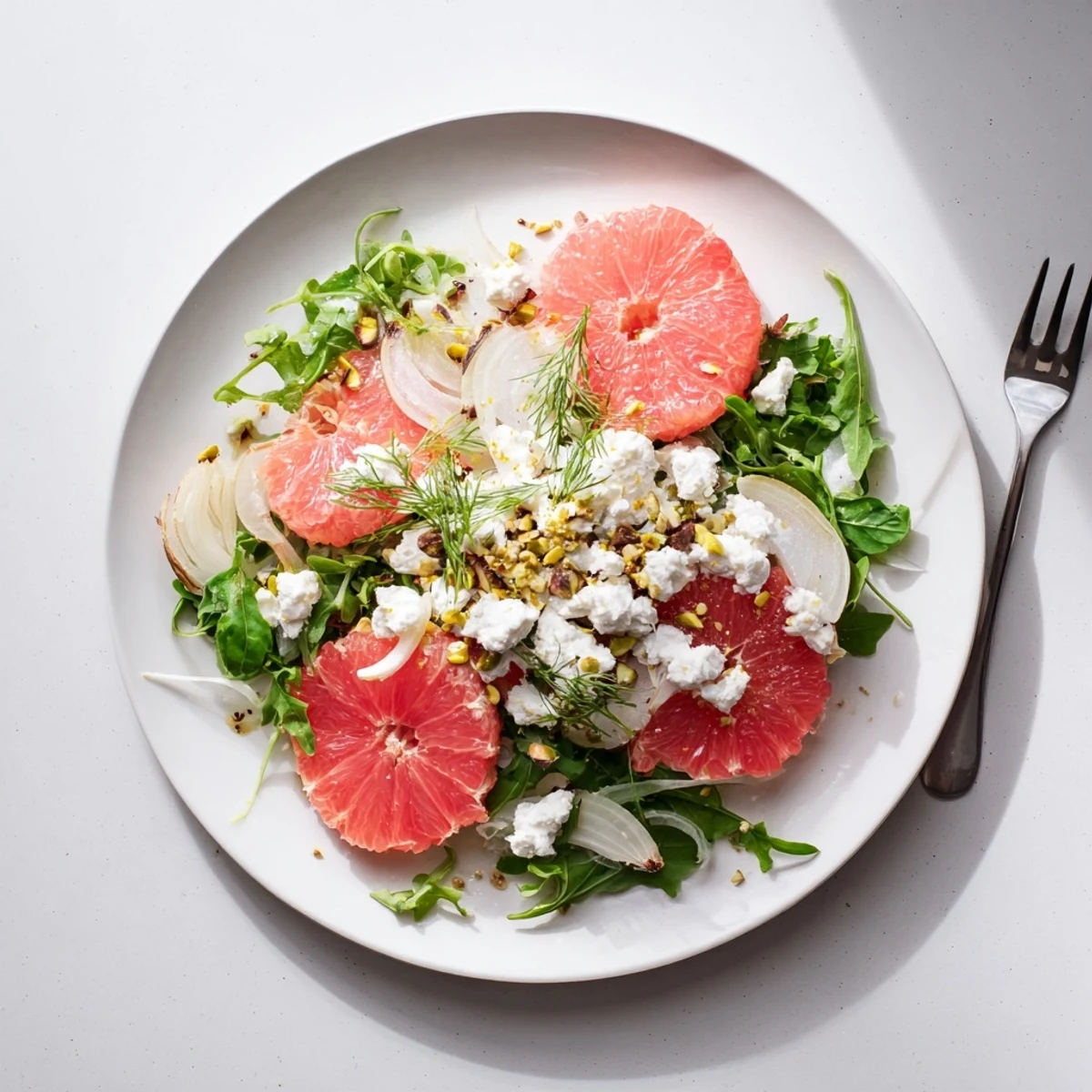 Vibrant shaved fennel and pink grapefruit salad topped with crumbled goat cheese and fennel fronds
