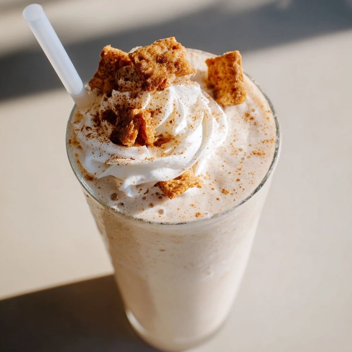 Creamy Cinnamon Toast Crunch frappe served chilled with whipped cream topping