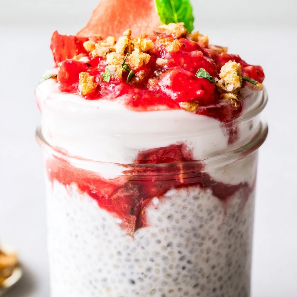 Creamy no-bake strawberry cheesecake chia pudding parfait topped with graham cracker crumbs and berries