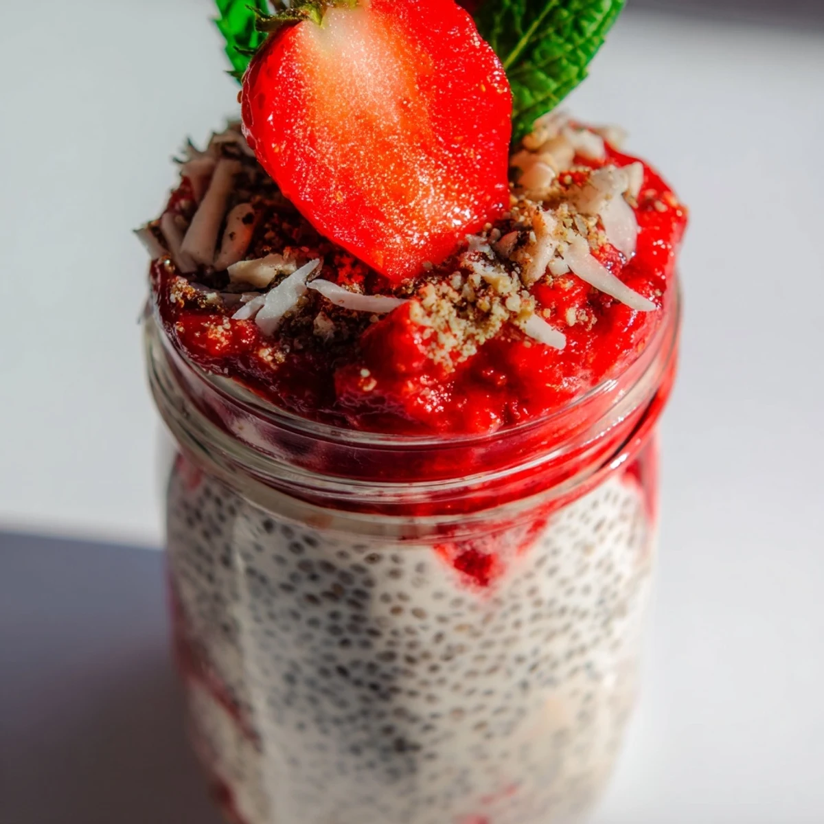 Layered glass jar showcasing strawberry cheesecake chia pudding with fresh strawberry slices and mint garnish