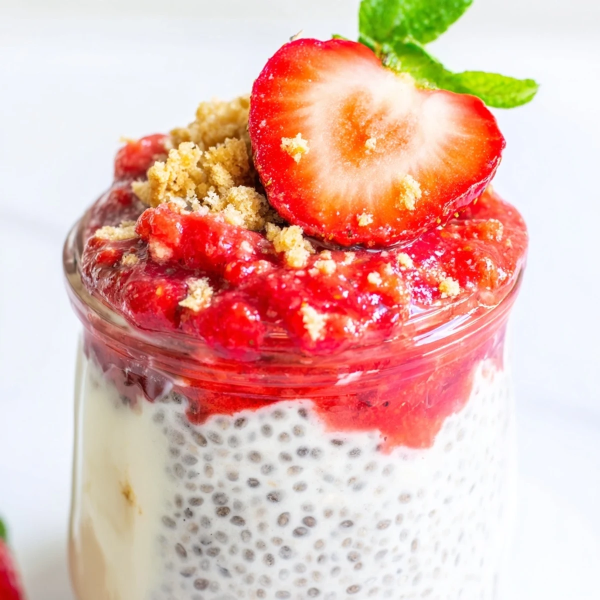 Glass dessert cup filled with layered strawberry cheesecake chia pudding featuring whipped cream cheese topping