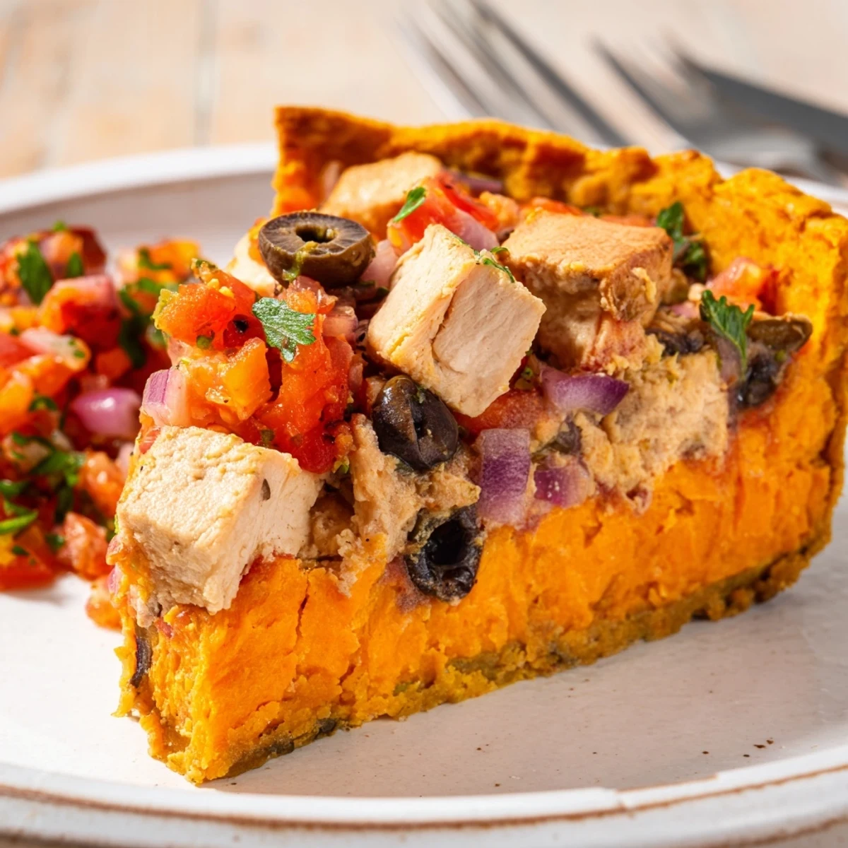Savory Mediterranean-style pie featuring tender chicken and sweet potatoes under a crisp golden crust