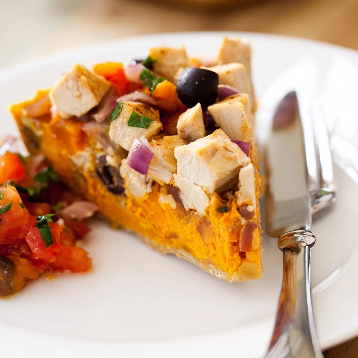 Comforting chicken and sweet potato pie served with fresh tangy tomato olive salsa topping