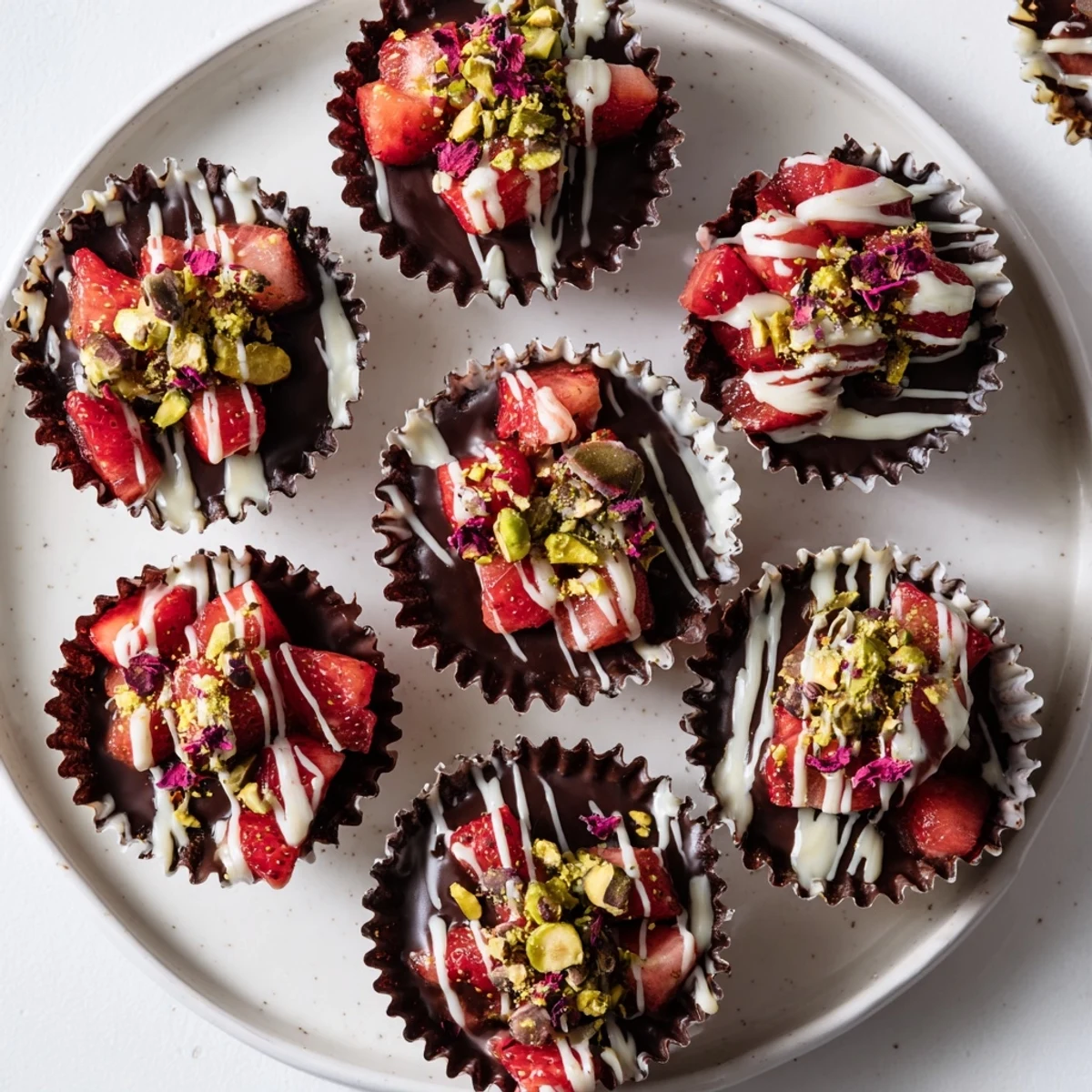 Rich dark chocolate cups filled with sweet rose-scented strawberries and topped with crushed pistachios